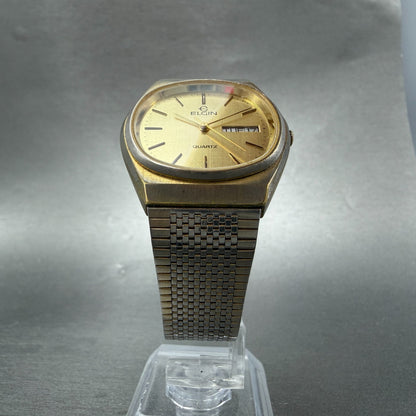 Elgin Watch Men 33mm Gold Dial Gold Tone Daydate Round New Battery  VTG5