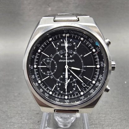 Seiko Chronograph Watch Men 36mm Black Dial Silver Tone Date 7T62-0AA0 PARTS VTG0