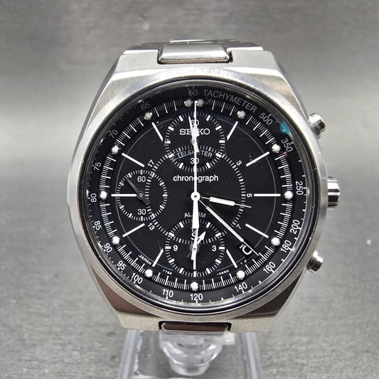 Seiko Chronograph Watch Men 36mm Black Dial Silver Tone Date 7T62-0AA0 PARTS VTG0