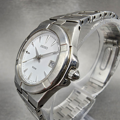 Seiko Watch Women 26mm White Dial Steel Date Round 7N826F50 New Battery2