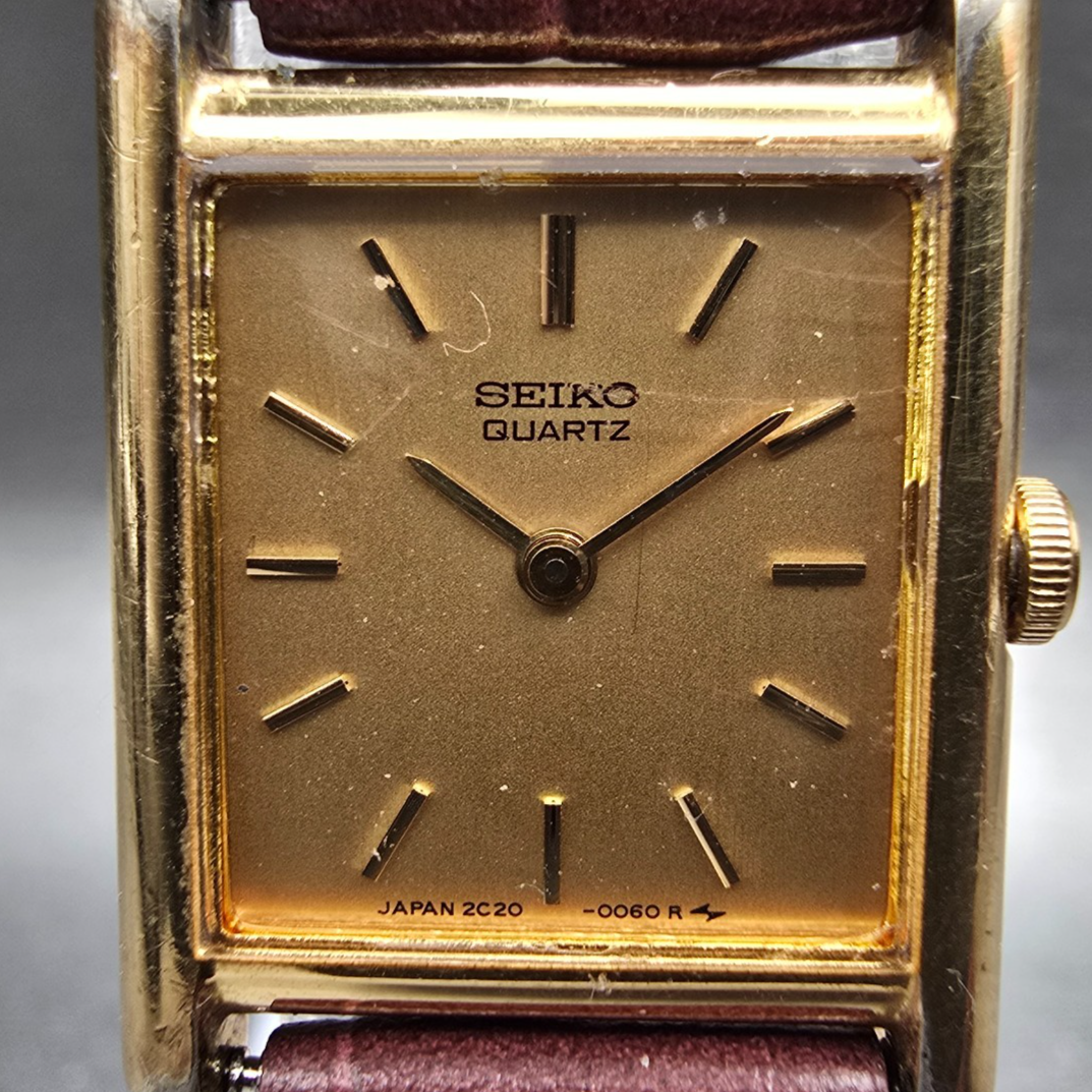 Seiko Tank Watch Women 18mm Gold Dial Gold Tone Rectangle 2C20-5019 New Battery1