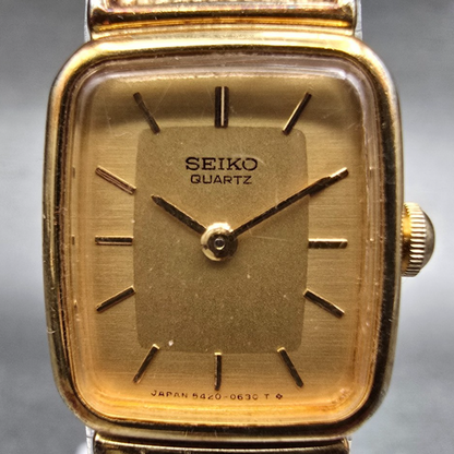Seiko Watch Women 17mm Gold Dial Gold Tone Rectangle 5420-5319 New Battery1