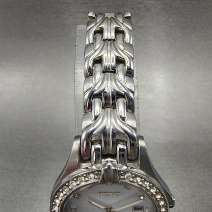 Seiko Solar Watch Women 27mm MOP Dial Steel Date Round Crystal Bezel Runs4