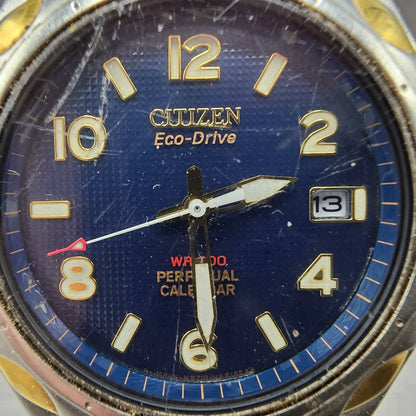 Citizen Eco-Drive Perpetual Calendar Watch Men 40mm Blue Dial Two Tone Date E7101