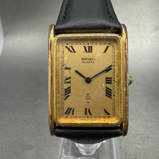 Seiko Tank Watch Men 24mm Champagne Dial Gold Tone Rectangle 43-3380 New Battery0