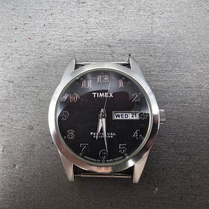 Timex Prepetual Calendar Watch Men 37mm Gray Dial Silver Tone Daydate PARTS0