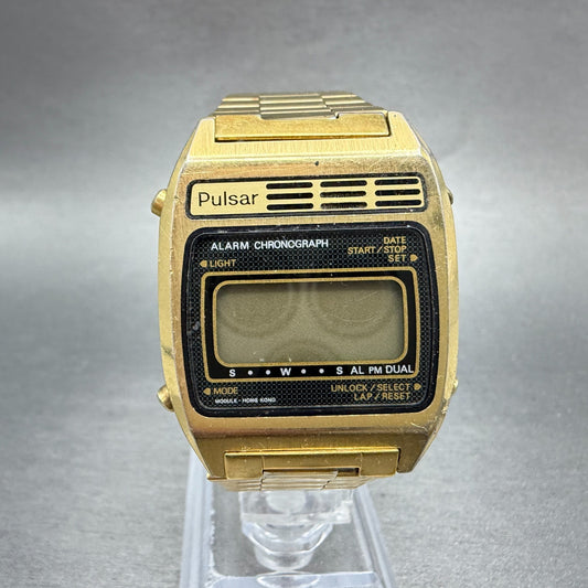 Seiko Pulsar Digital Watch Men 31mm Gold Tone Alarm Chrono Y486-4030 PARTS VTG0