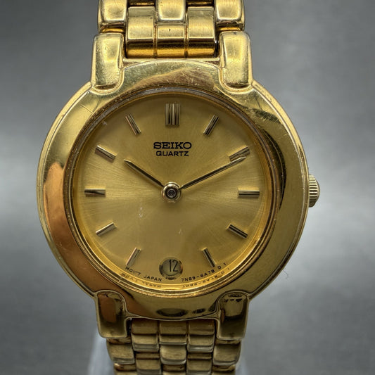 Seiko Watch Women 24mm Champagne Dial Gold Tone Date Round 7N89-6A50 New Battery1