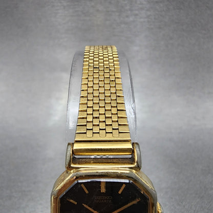 Seiko Watch Women 20mm Black Dial Gold Tone Octagon 2C215170 New Battery VTG4