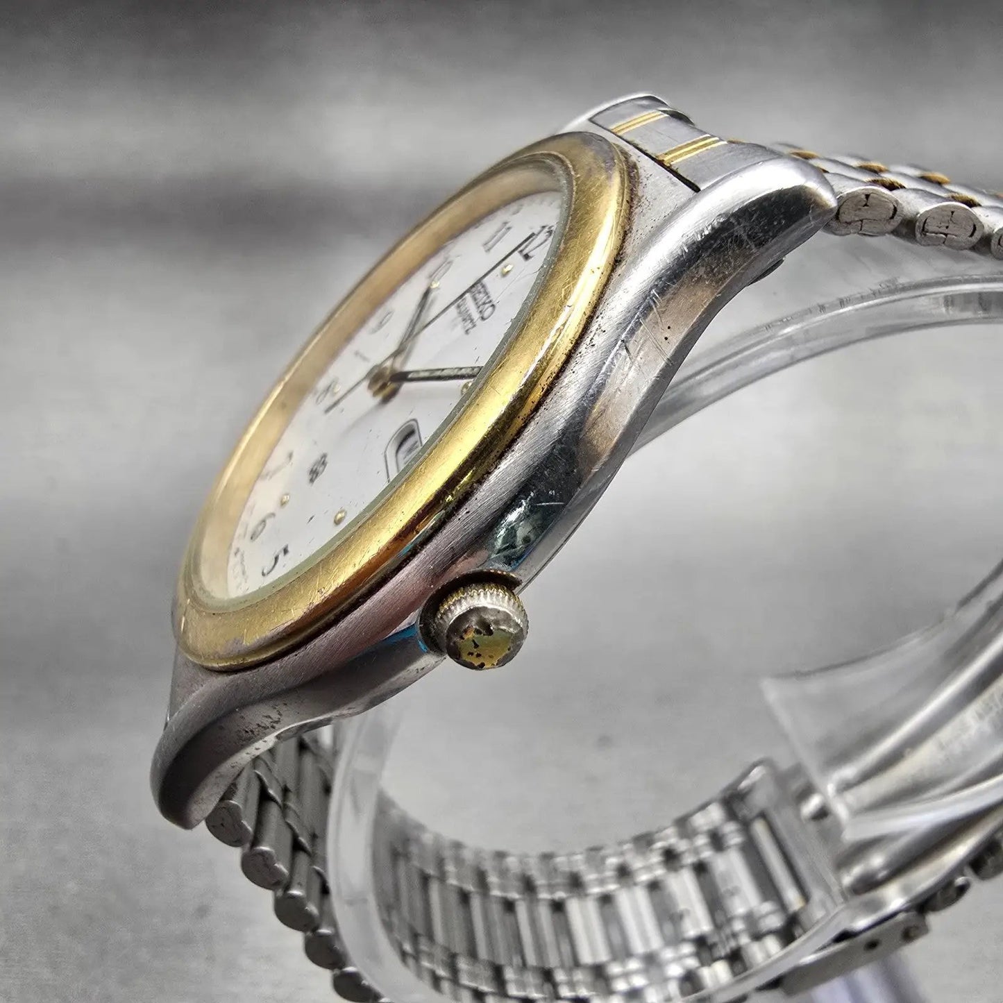 Seiko SQ Watch Men 35mm White Dial Two Tone Daydate Round 5Y23-7089 New Battery2