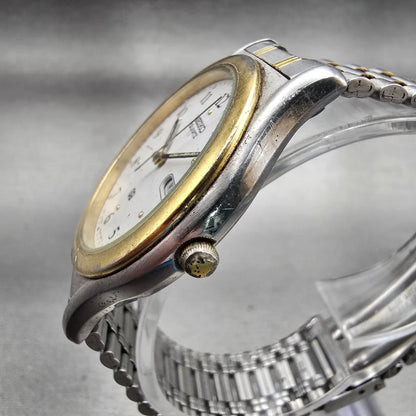 Seiko SQ Watch Men 35mm White Dial Two Tone Daydate Round 5Y23-7089 New Battery2