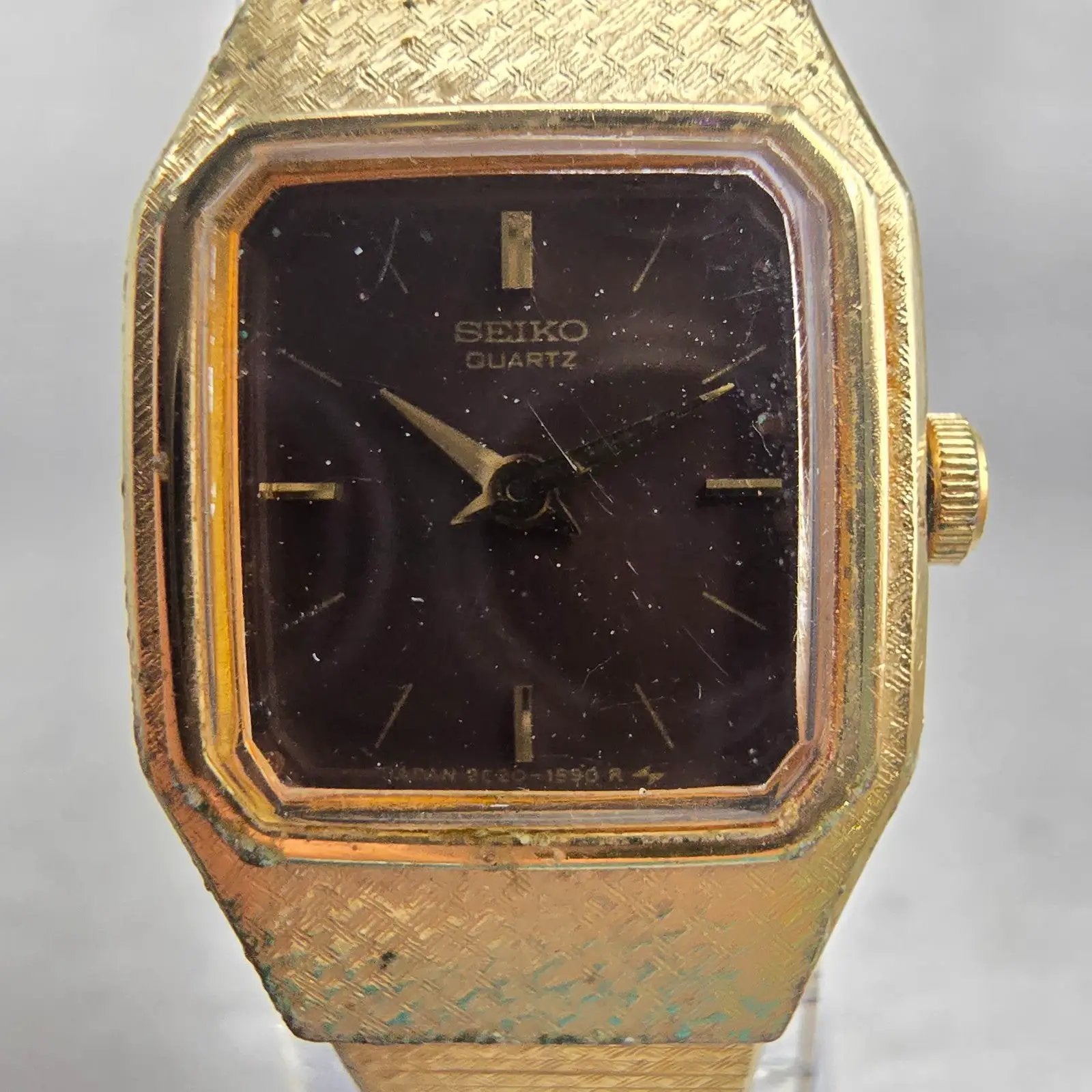 Seiko Watch Women 16mm Brown Dial Gold Tone Rectangle 2C20-5789 New Battery VTG1