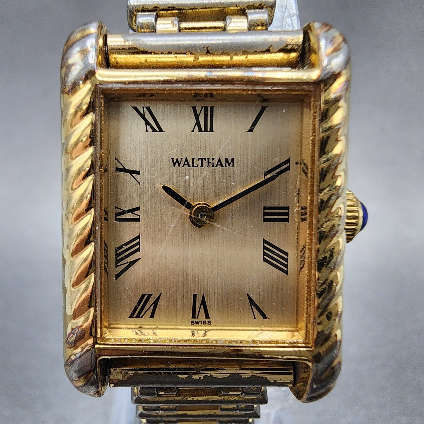 Waltham Tank Watch Women 21mm Champagne Dial Gold Tone Rectangle Manual Runs1