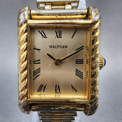 Waltham Tank Watch Women 21mm Champagne Dial Gold Tone Rectangle Manual Runs1