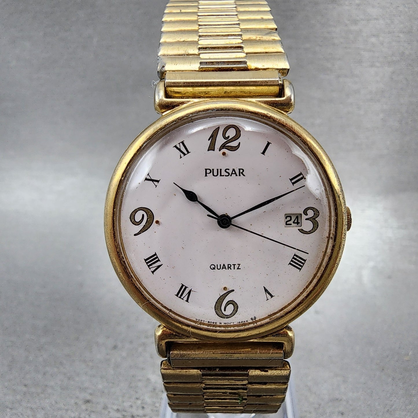 Seiko Pulsar Watch Men 33mm White Dial Gold Tone Date V5378a30 New Battery0