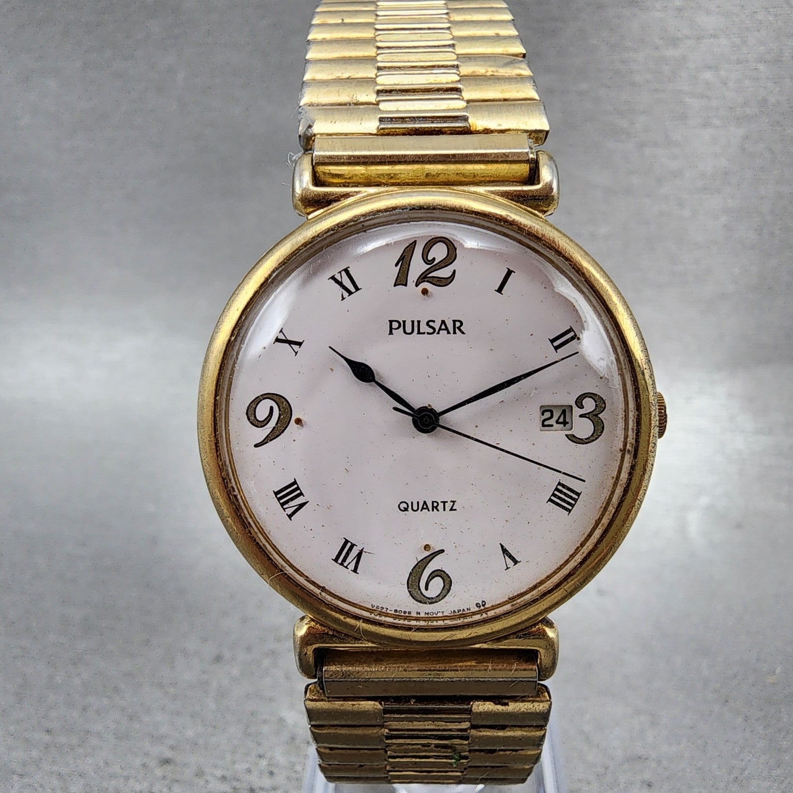 Seiko Pulsar Watch Men 33mm White Dial Gold Tone Date V5378a30 New Battery0