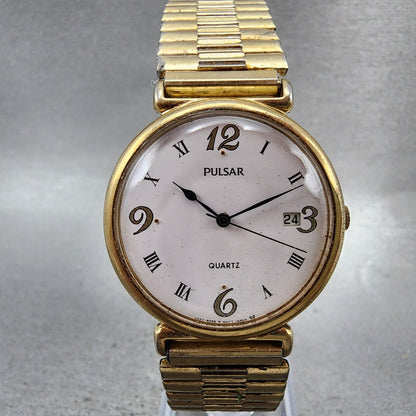 Seiko Pulsar Watch Men 33mm White Dial Gold Tone Date V5378a30 New Battery0