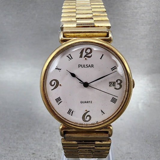 Seiko Pulsar Watch Men 33mm White Dial Gold Tone Date V5378a30 New Battery0