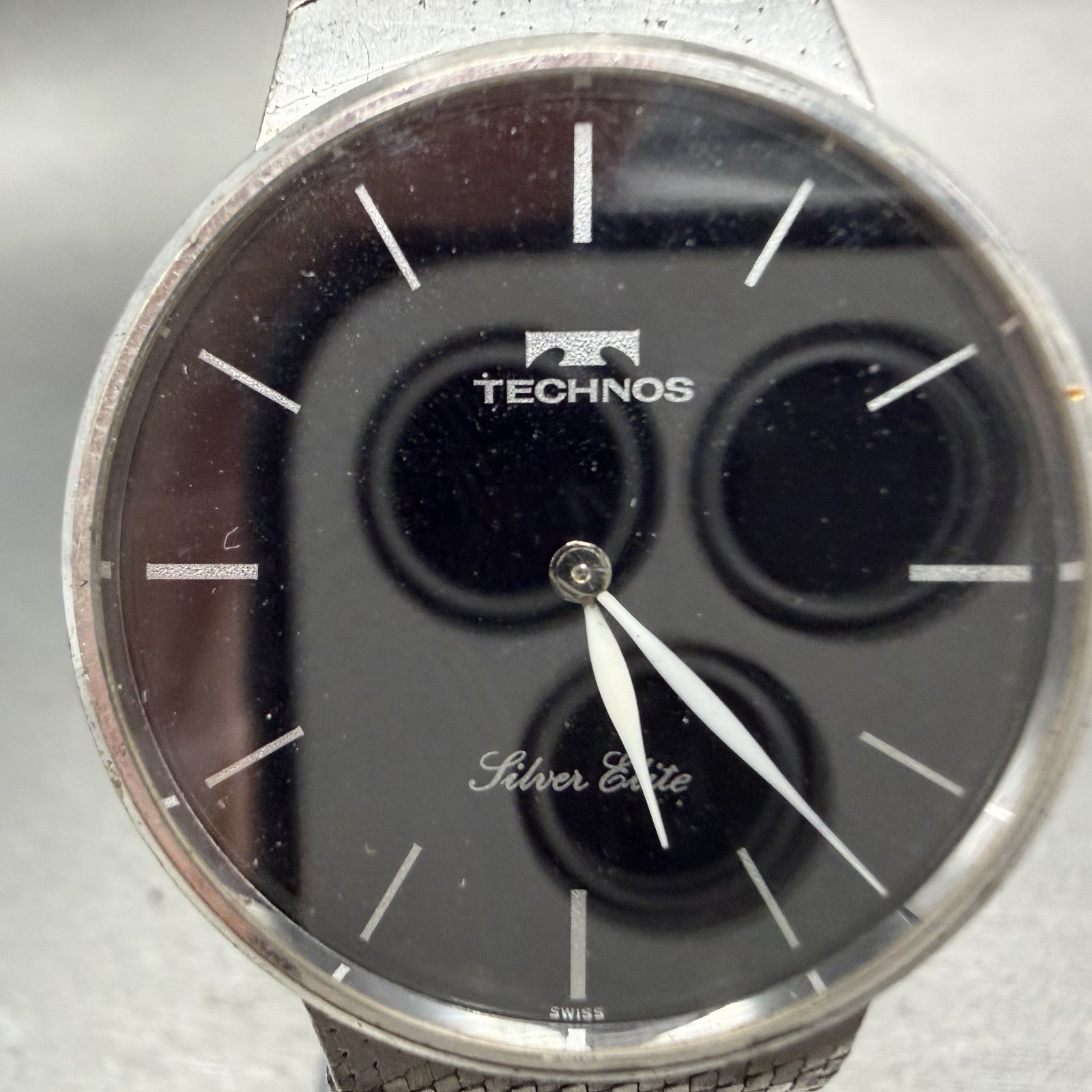 Technos Silver Elite Watch Men 33mm Black Dial Sterling Silver 925 Round PARTS2