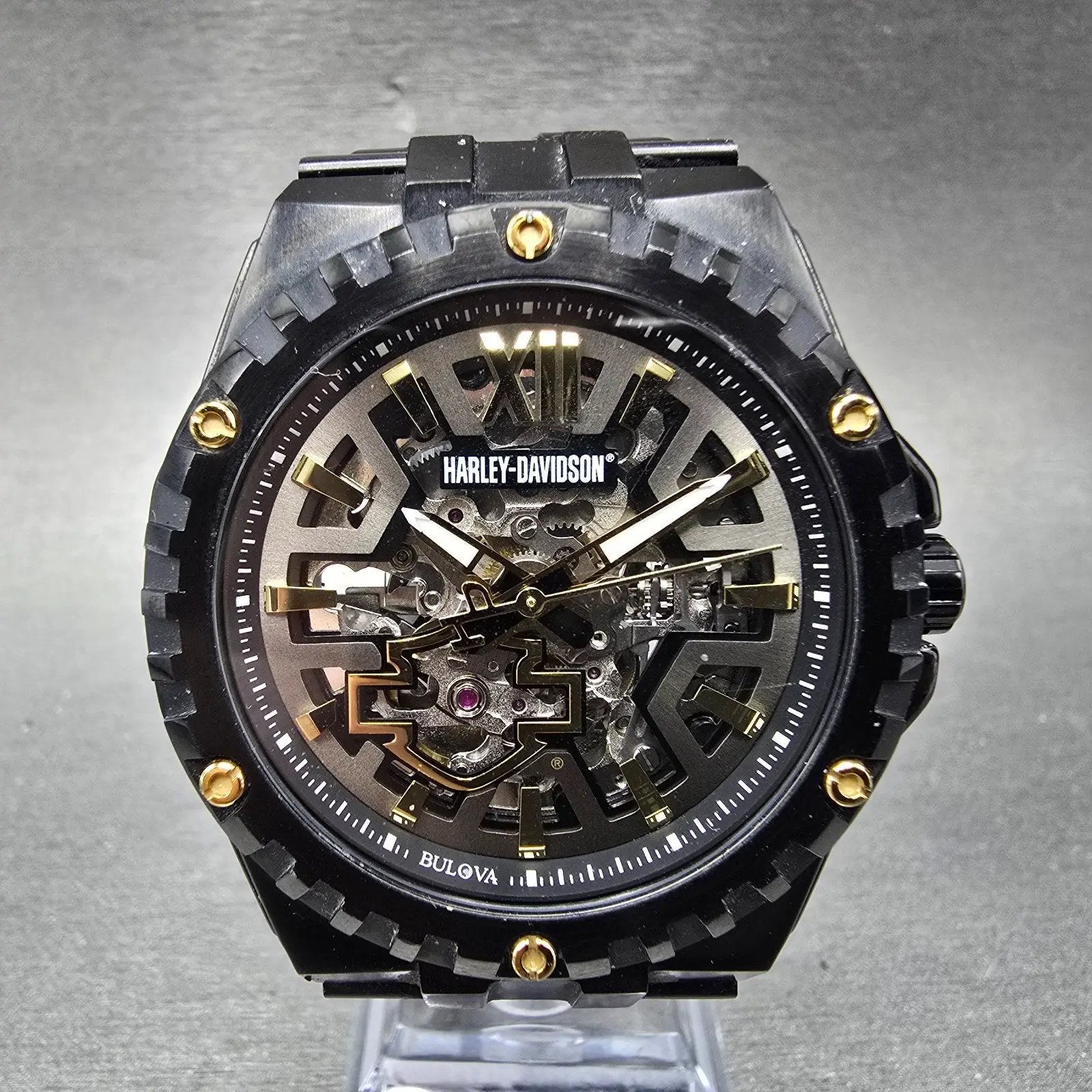 Bulova Automatic Harley Davidson Watch Men 43mm Skeleton Dial Black Tone Runs0