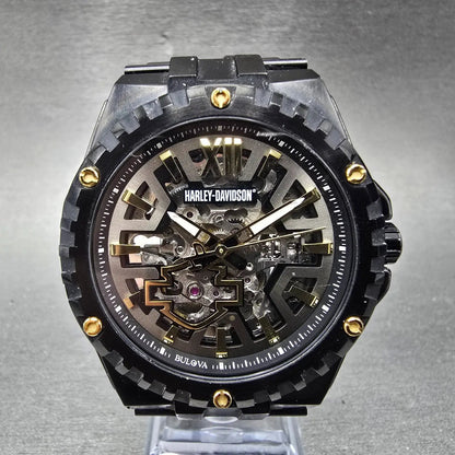 Bulova Automatic Harley Davidson Watch Men 43mm Skeleton Dial Black Tone Runs0