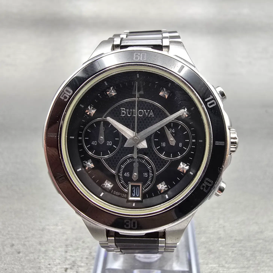 Bulova Watch Women 33mm Black Dial Two Tone Chrono Date Round 98P126 New Battery0