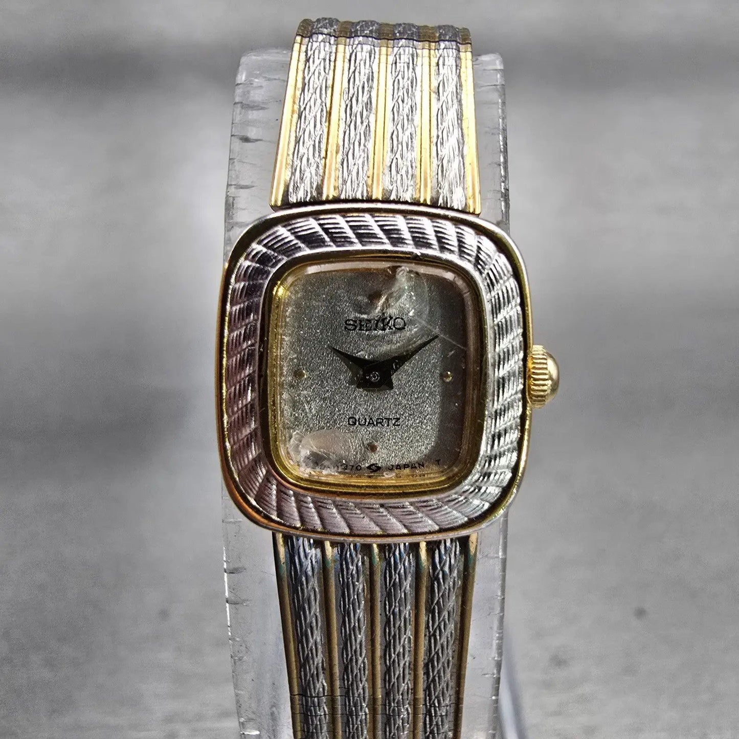 Seiko Watch Women 14mm Silver Dial Two Tone Rectangle 1E20-5190 New Battery VTG0