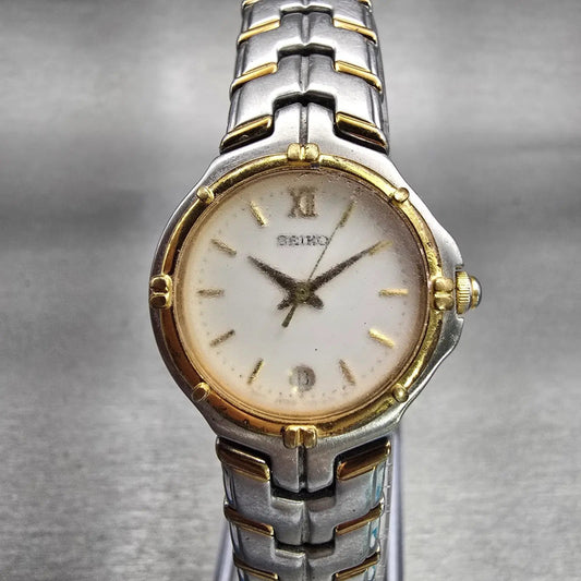 Seiko Watch Women 25mm White Dial Two Tone Date Round V782-6E70 New Battery VTG0