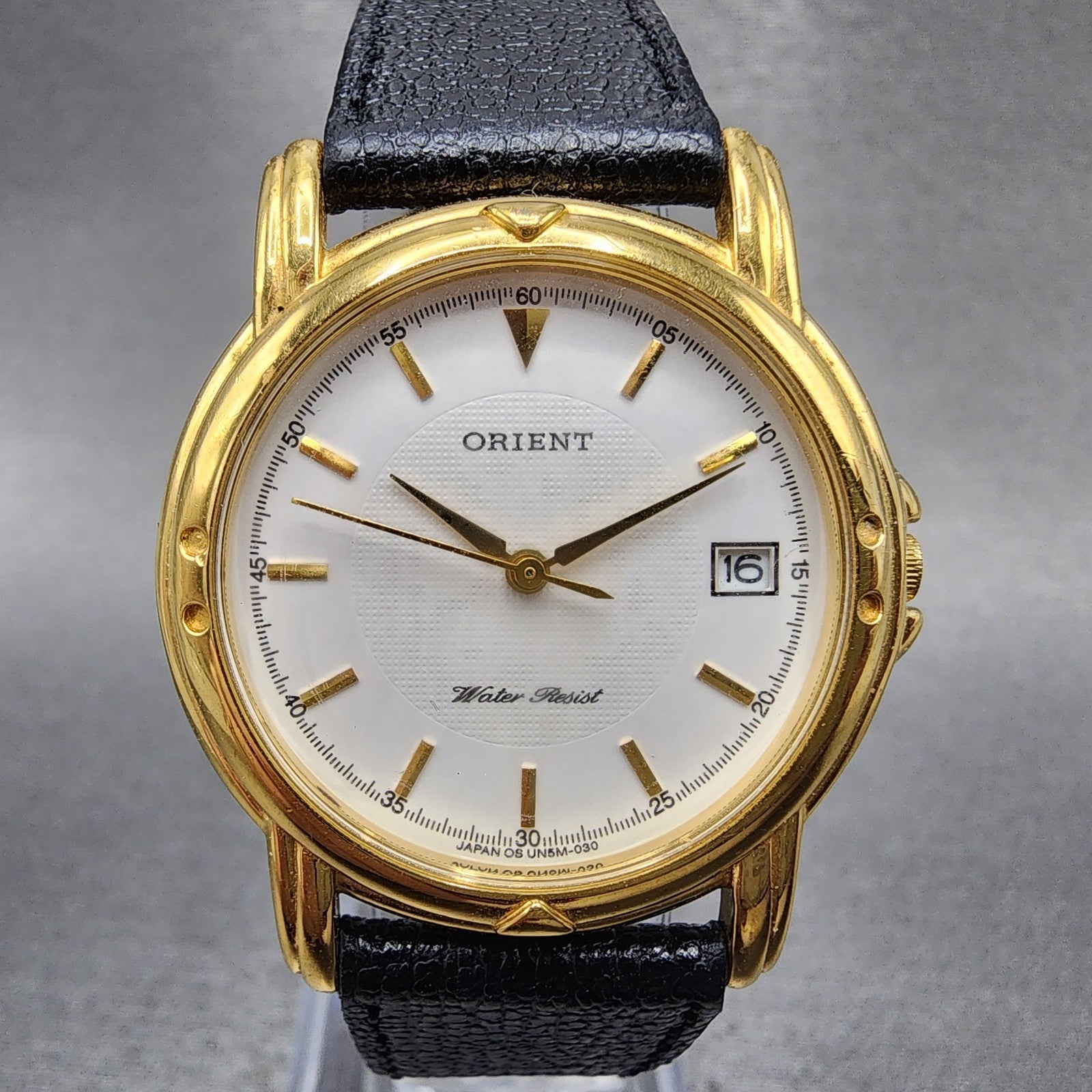 Orient Watch Men 32mm White Dial Gold Tone Date Round New Battery0