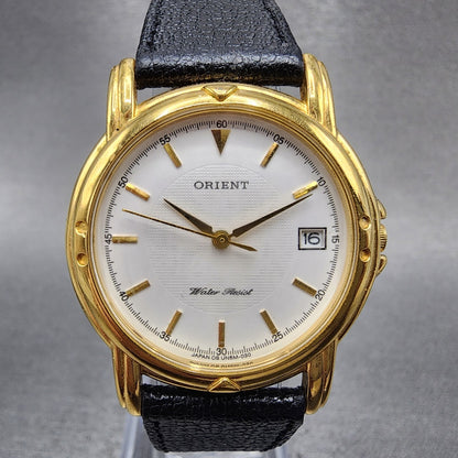 Orient Watch Men 32mm White Dial Gold Tone Date Round New Battery0