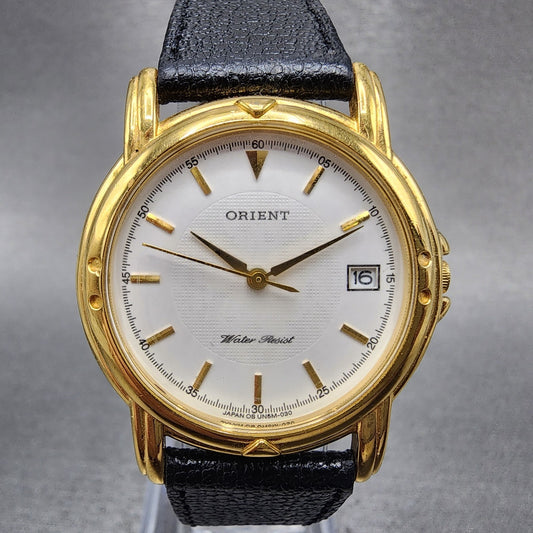 Orient Watch Men 32mm White Dial Gold Tone Date Round New Battery0