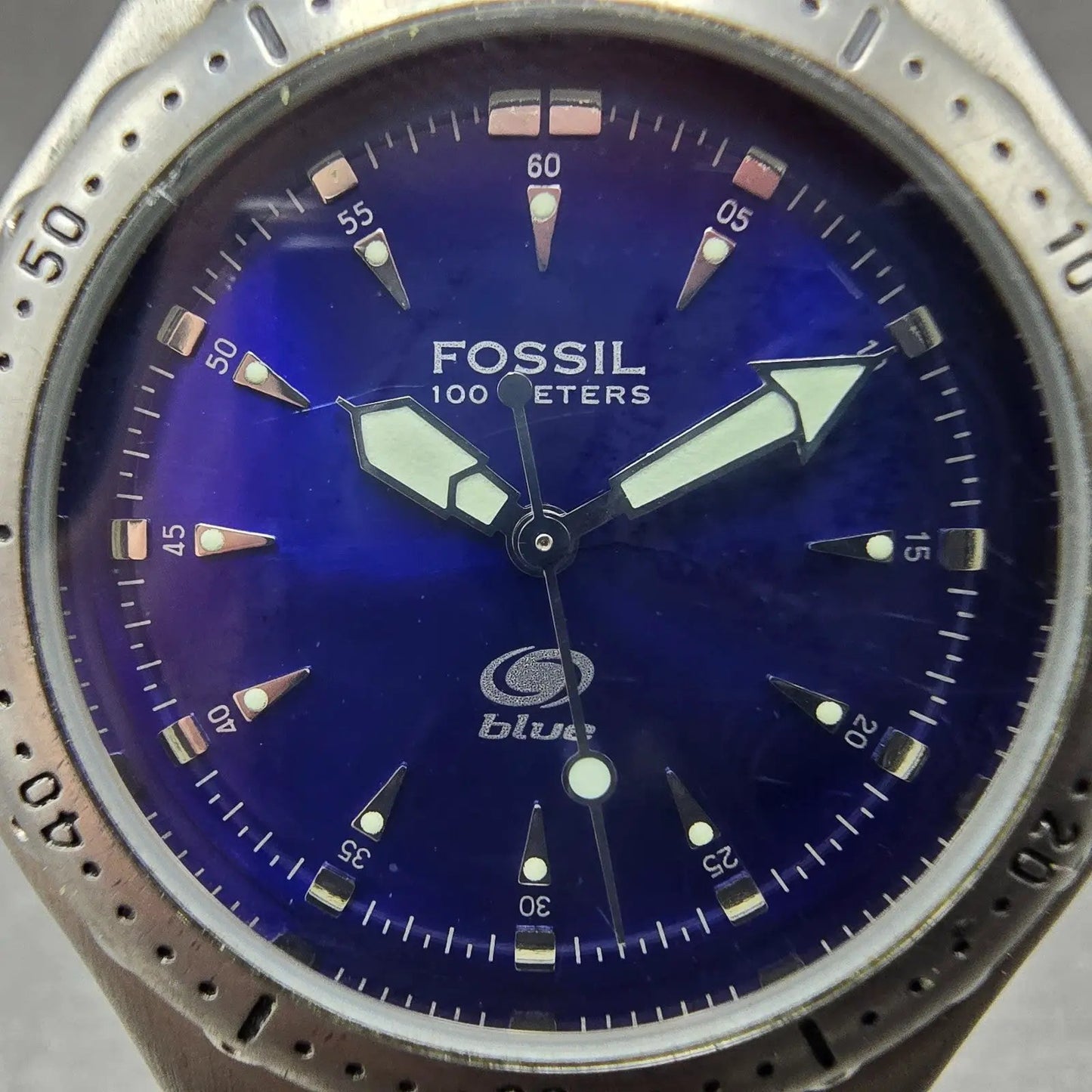 Fossil Blue Dive Watch Men 40mm Blue Dial Silver Tone Round AM-3067 New Battery1