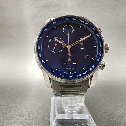 Movado Bold Verso Chronograph Watch Men 44mm Blue Dial Steel Date READ!! 36008655