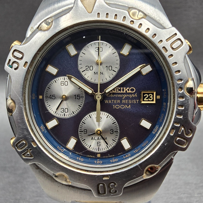 Seiko Chronograph Watch Men 39mm Blue Dial Two Tone Date 7T32-6M49 New Battery1