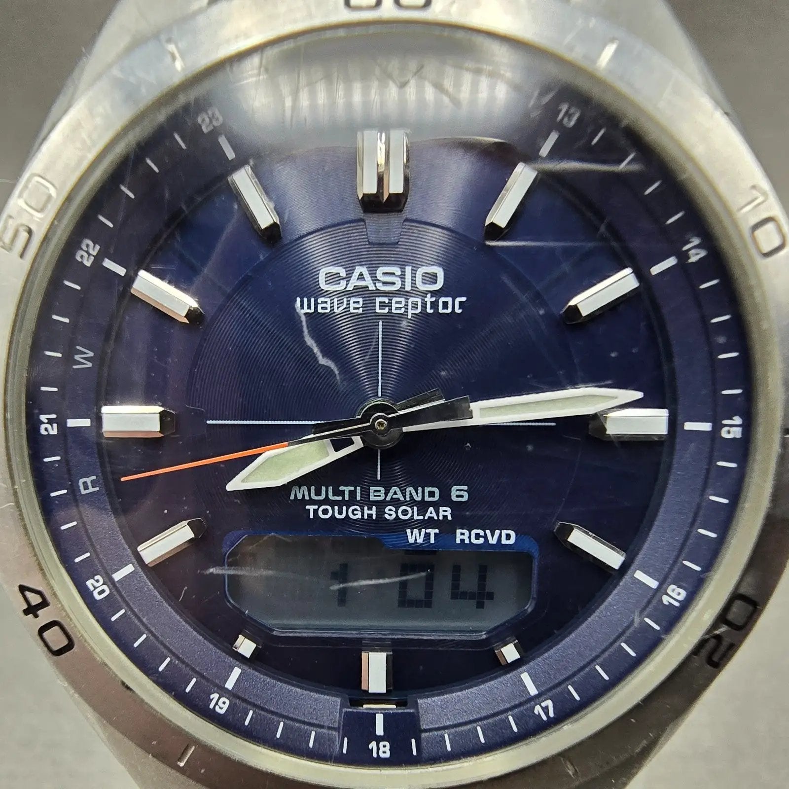 Casio Wave Ceptor Watch Men 43mm Blue Dial Silver Tone Solar Alarm Daydate Runs1