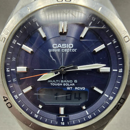 Casio Wave Ceptor Watch Men 43mm Blue Dial Silver Tone Solar Alarm Daydate Runs1