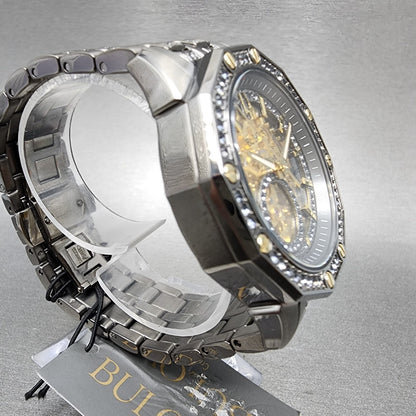 Bulova Octava Watch Men 42mm Gold Skeleton Dial Gunmetal Crystal Bezel 98A2933