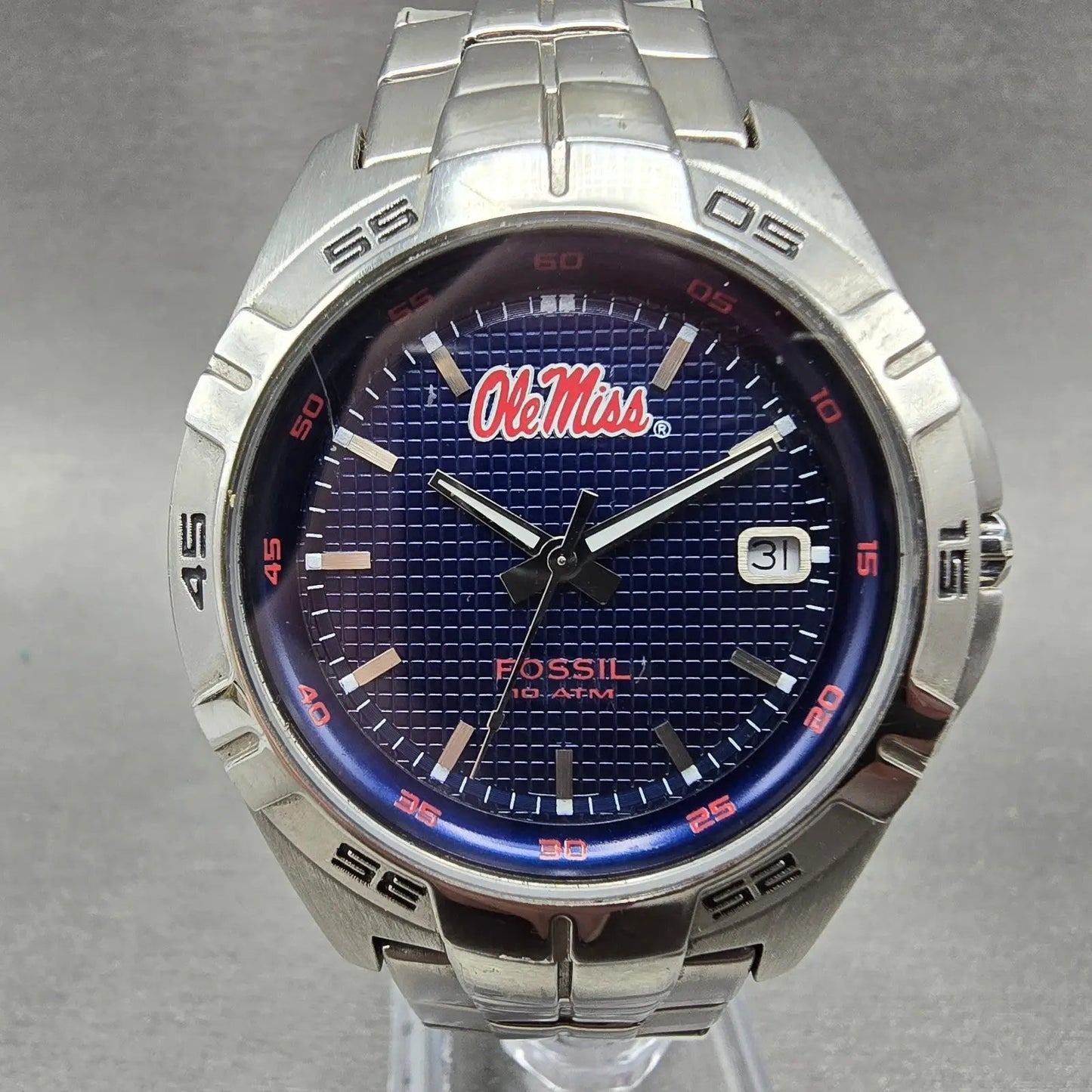 Fossil Ole Miss Dive Watch Men 40mm Blue Dial Silver Tone Date LI-2954 New Batt0