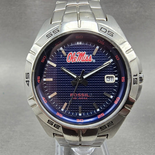 Fossil Ole Miss Dive Watch Men 40mm Blue Dial Silver Tone Date LI-2954 New Batt0