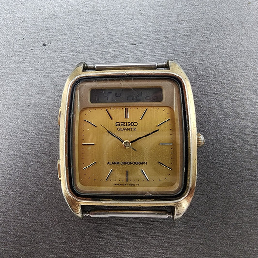 Seiko Analog Digital Watch Men 31mm Gold Dial Gold Tone H357-5029 PARTS
