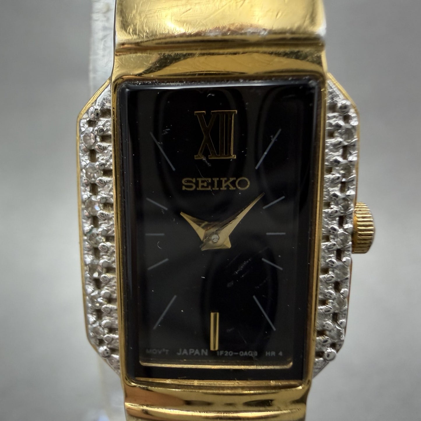 Seiko Tank Watch Women 15mm Black Dial Gold Tone Rectangle 1F200AA0 New Battery1