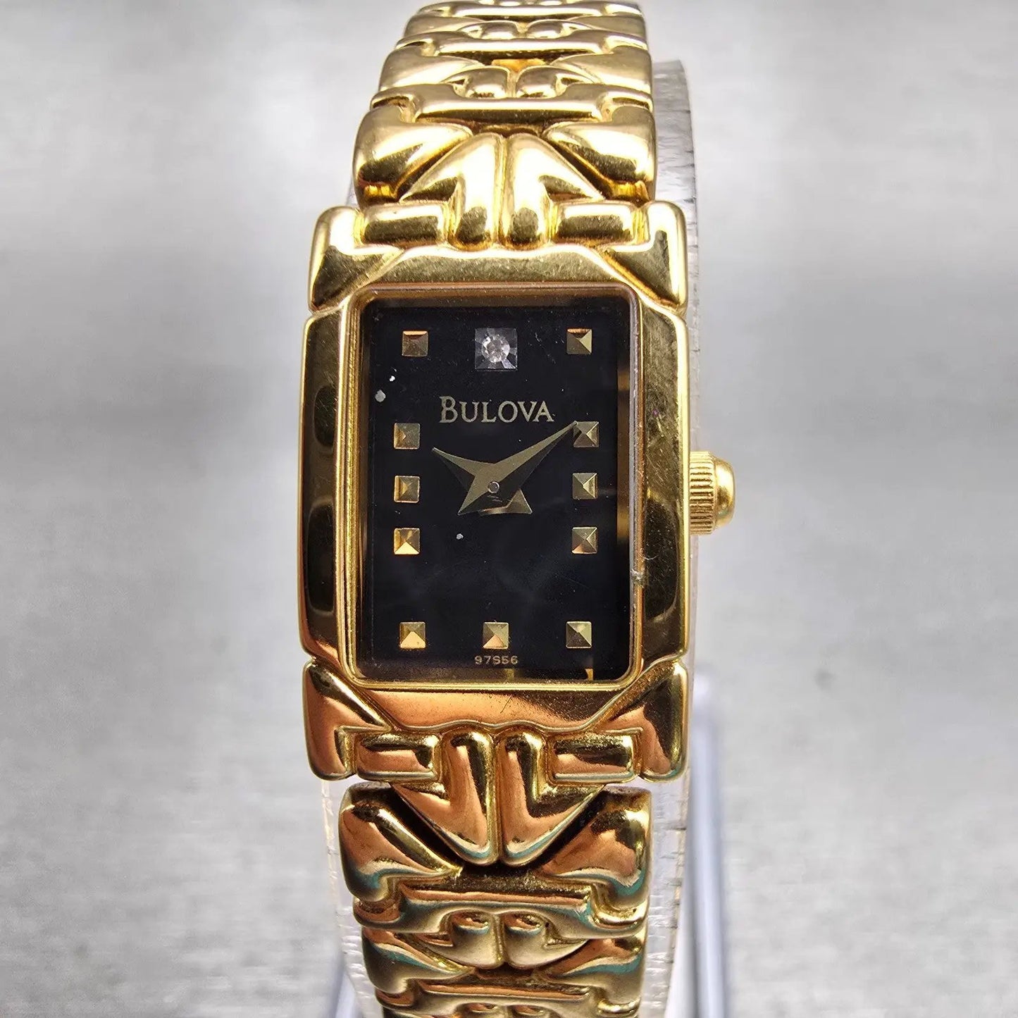 Bulova Tank Watch Women 13mm Black Dial Gold Tone Rectangle 97S56 New Battery0