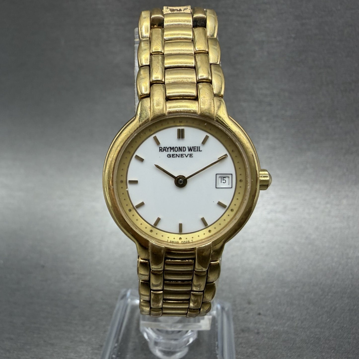 Raymond Weil Watch Women 25mm White Dial Gold Tone Date 9968 New Battery READ!!!0