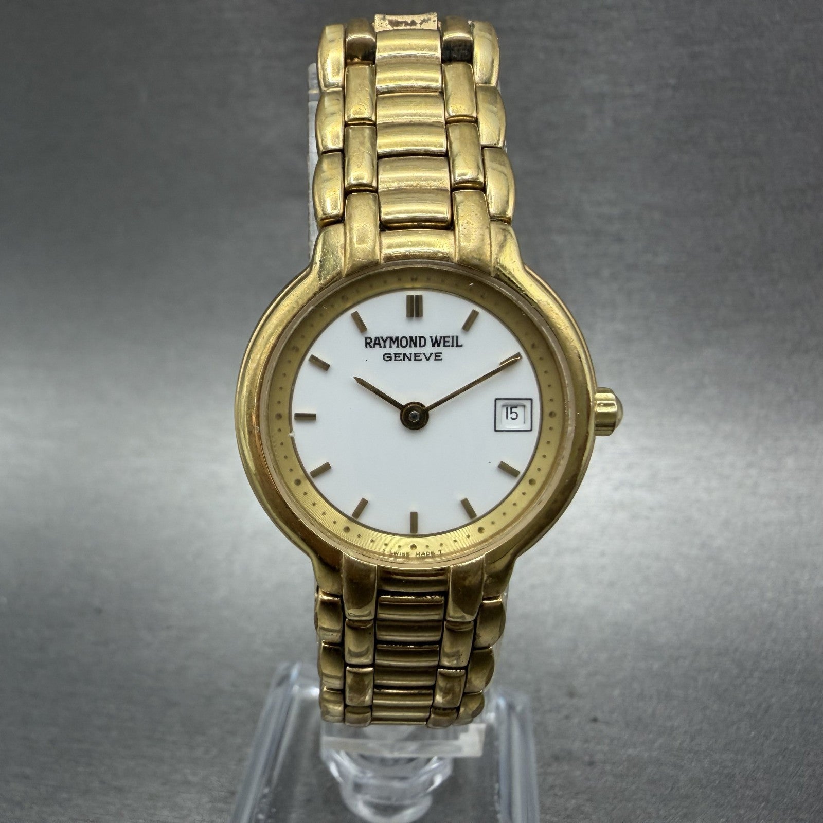 Raymond Weil Watch Women 25mm White Dial Gold Tone Date 9968 New Battery READ!!!0