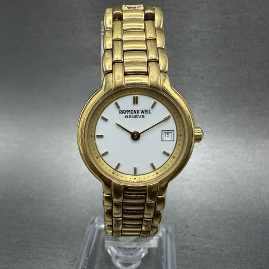 Raymond Weil Watch Women 25mm White Dial Gold Tone Date 9968 New Battery READ!!!0