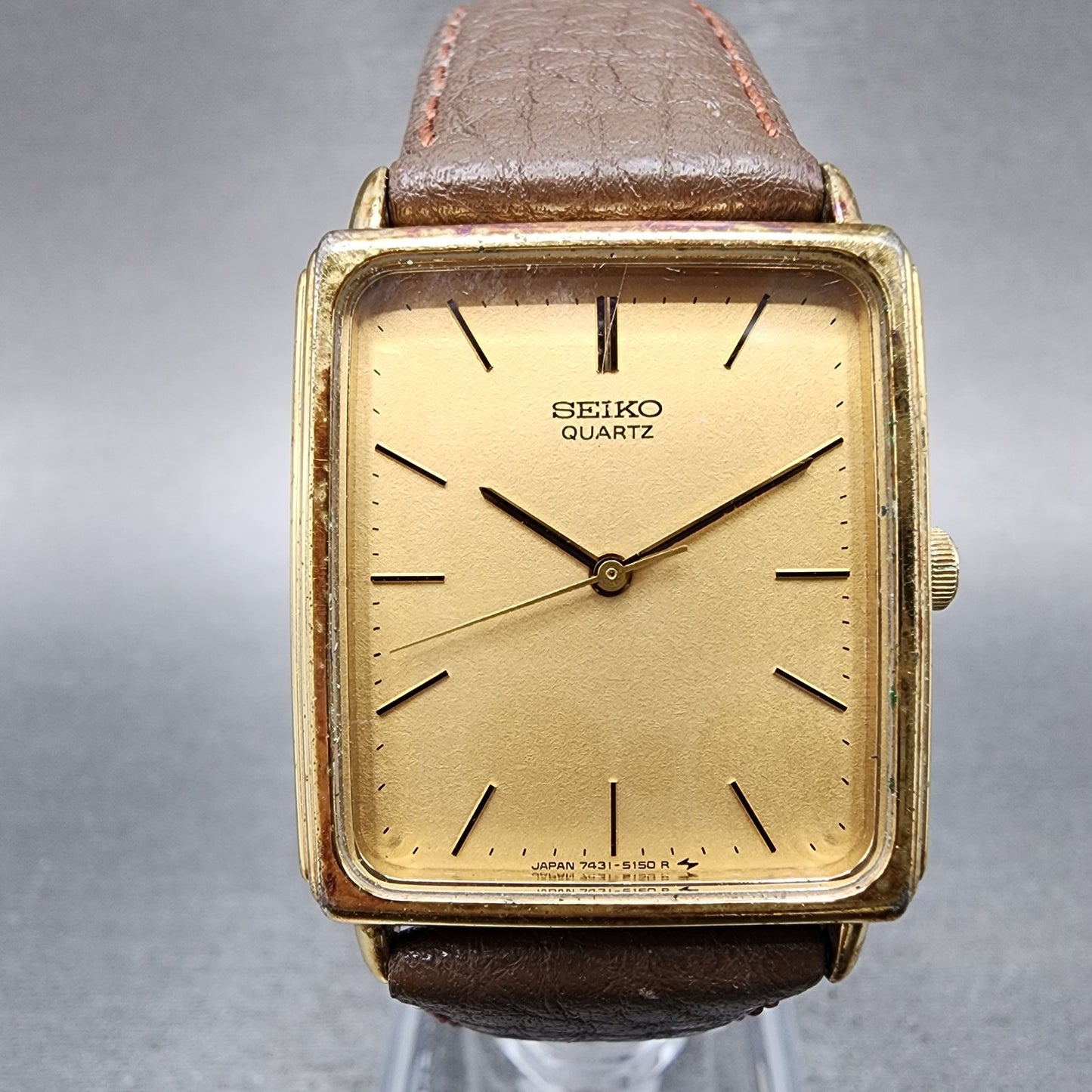 Seiko Tank Watch Men 26mm Gold Dial Gold Plated Rectangle 74315100 New Battery0