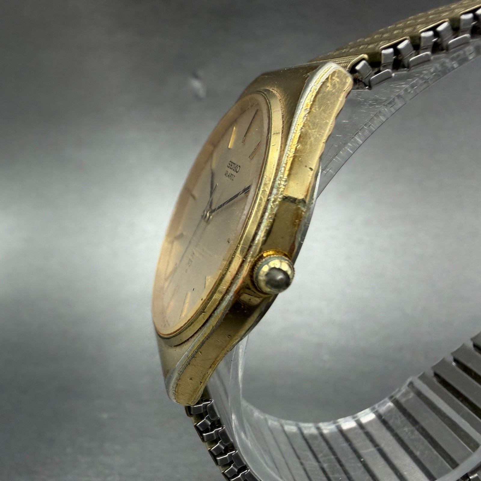 Seiko Watch Men 32mm Champagne Dial Gold Tone Round 7830-8020 New Battery VTG2