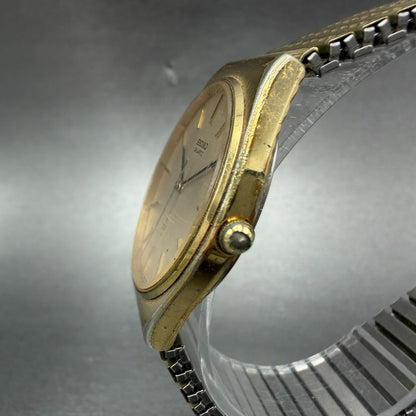 Seiko Watch Men 32mm Champagne Dial Gold Tone Round 7830-8020 New Battery VTG2