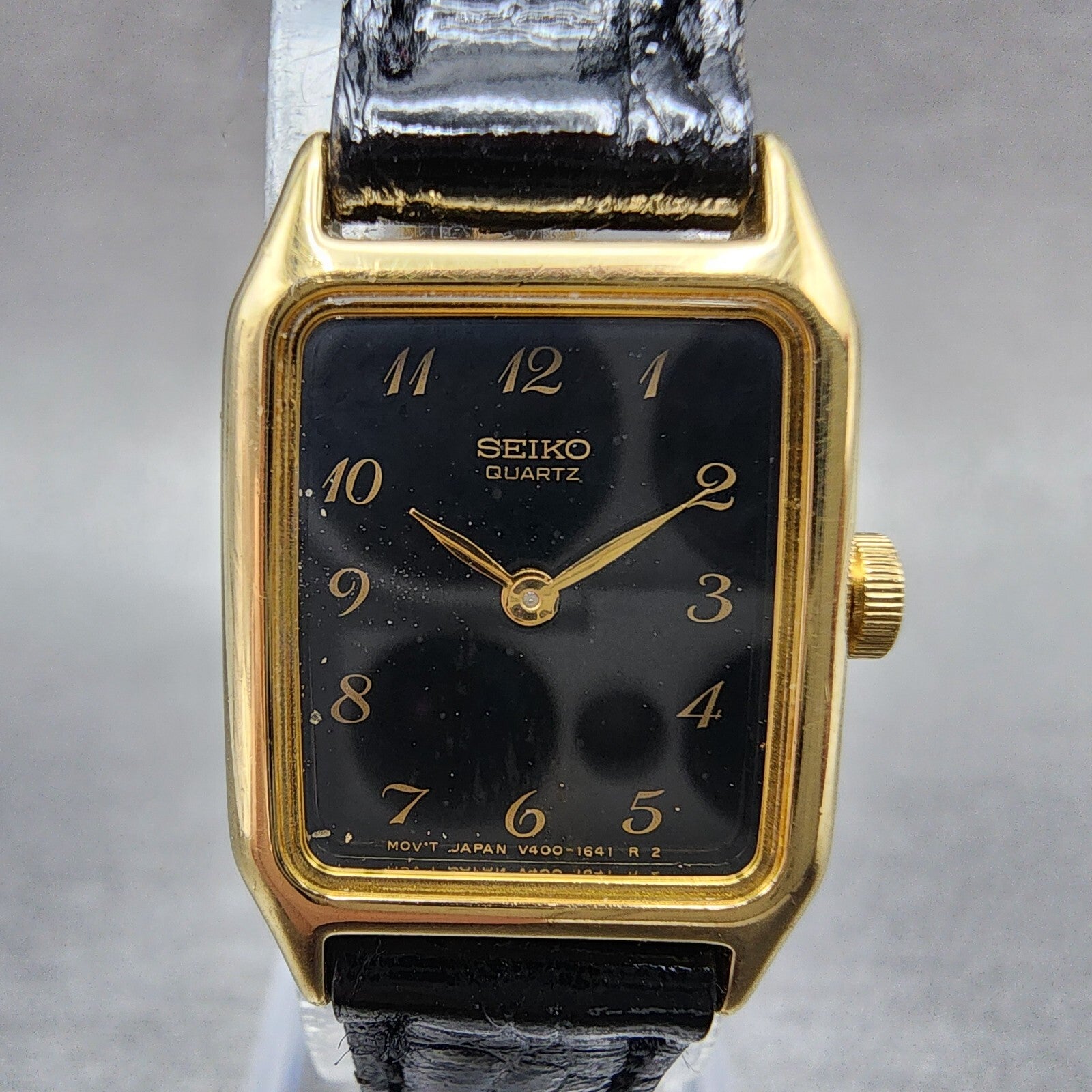 Seiko Tank Watch Women 17mm Black Dial Gold Tone Rectangle V4005538 New Battery1