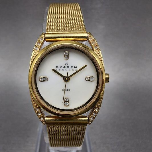 Skagen Watch Women 22mm MOP Dial Gold Tone Round 764XSGG Mesh band New Battery0